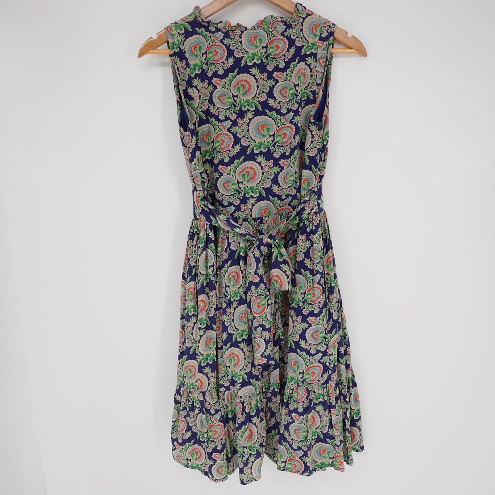 Banjaran Floral Silk Dress Womens XS Blue Knee Length Ruffle Full Skirt Tie Back - Picture 3 of 14